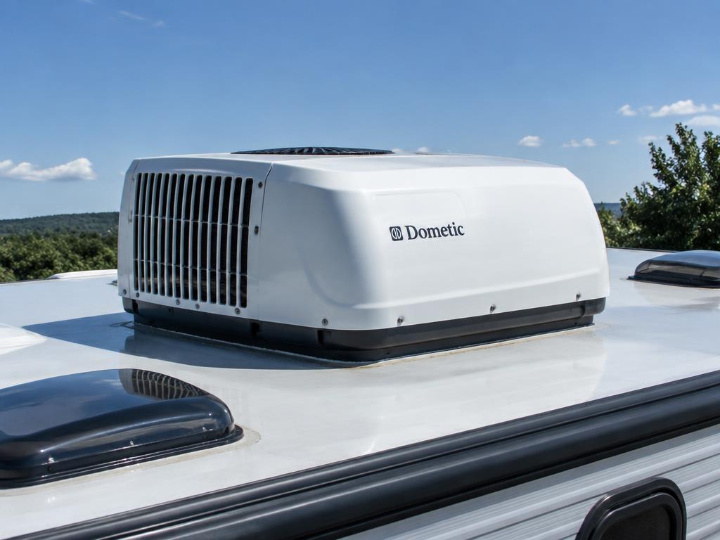 Rooftop air conditioner unit on a travel trailer