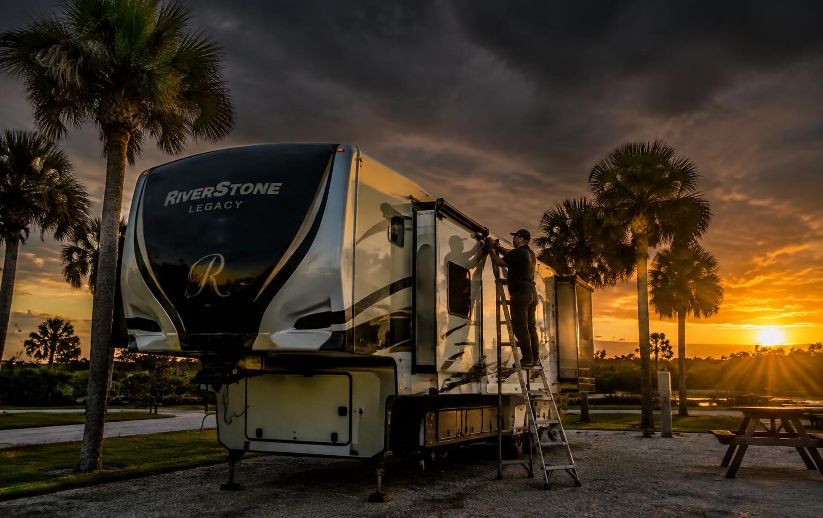 Fifth-wheel RV at a Florida campground at sunset